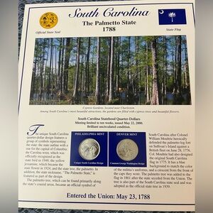 South Carolina State Coin Quarter Stamps Card Historical Geographical Ltd Mint